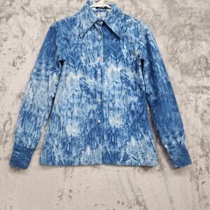 Vintage 70s Tucci Top Womens 7/8 Blue White Corduroy Dagger Collar Long‎ Sleeves